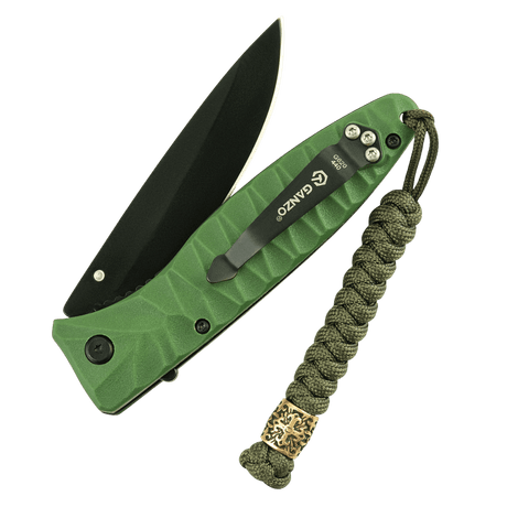 Green pocket knife with M-Tac Viper Lanyard Scandinavian in braided paracord and Viper bead in Scandinavian design, stylish accessory.
