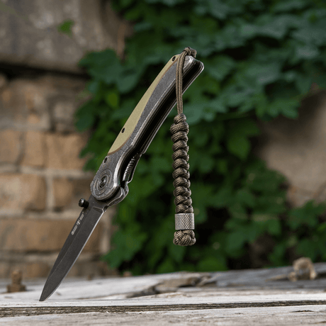 M-Tac Viper Lanyard Stainless Steel with stainless bead and parachute cord beside a knife on an outdoor background.