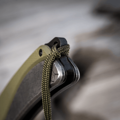 M-Tac Viper Lanyard Stainless Steel on a modern knife, showing braided paracord and stainless steel for style and functionality.