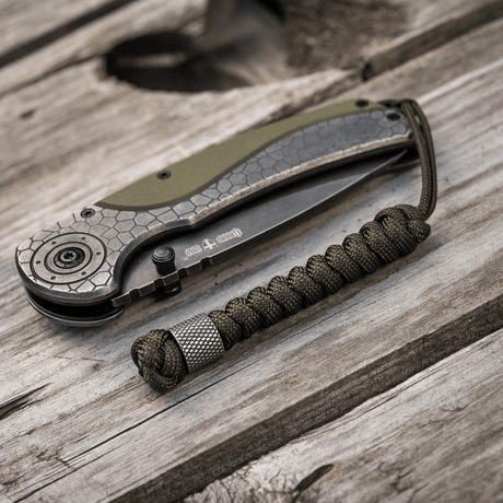 M-Tac Viper Lanyard Stainless Steel in braided paracord next to a folding knife on a wooden table.