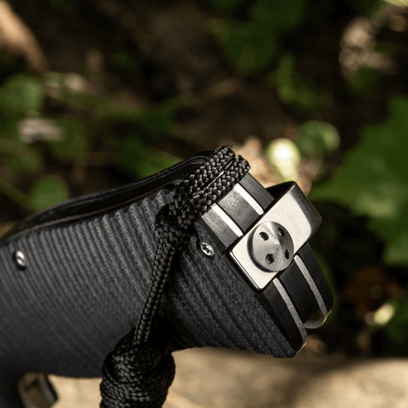 M-Tac Viper Lanyard Stainless Steel in braided paracord tied to knife handle, stylish and durable design.