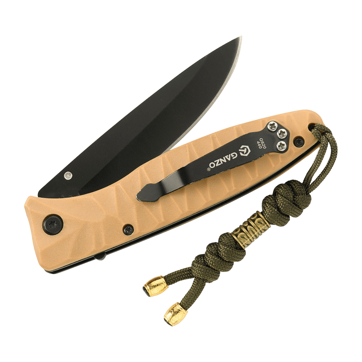 M-Tac Zeus Lanyard i flettet paracord vedhæftet til en kniv, giver nem adgang og stilfuldt design til udstyr.