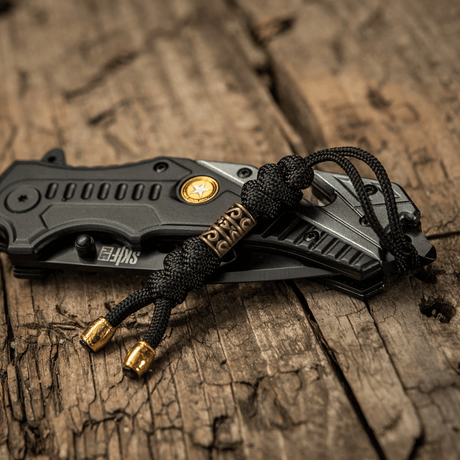 M-Tac Zeus Lanyard paracord by a folding knife on a wooden table.