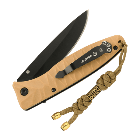 Braided M-Tac Zeus Lanyard paracord on knife for quick access, stylish design and durability. Suitable for knives and flashlights.