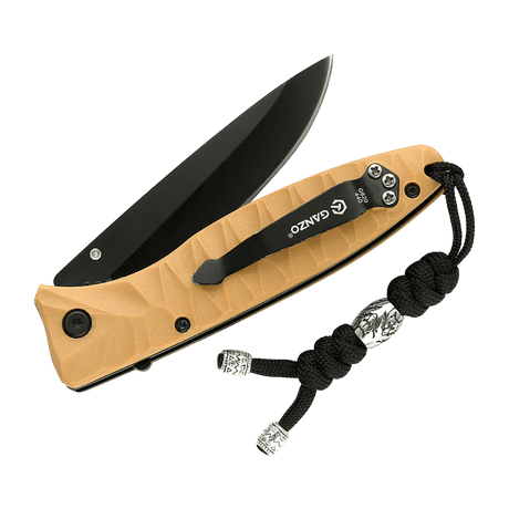 M-Tac Zeus Stainless Steel Lanyard with braided paracord and bead attached to a knife for quick access and functional use.