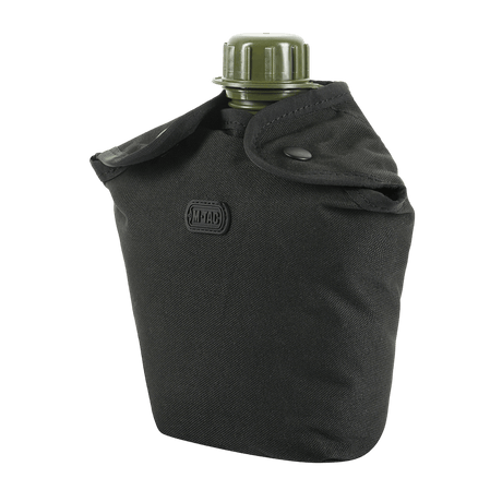 M-Tac Flaskeholder MOLLE in durable polyester with PVC coating, drainage hole and MOLLE system for hiking. Black color, with drinking bottle.