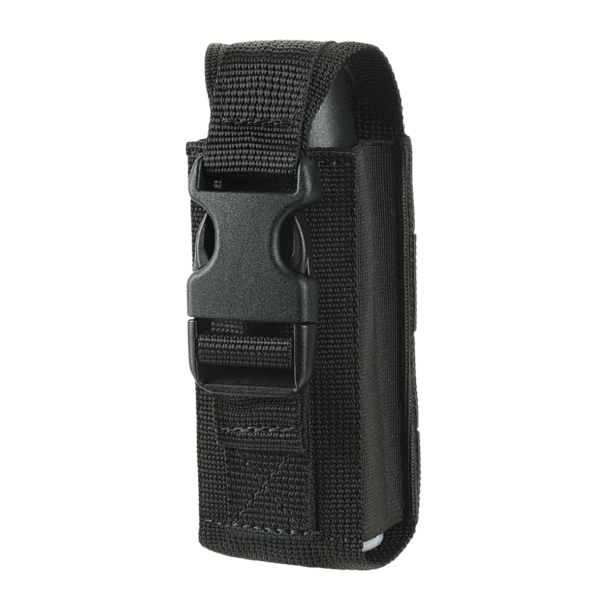 M-Tac Gasdåseholder Vertikal med MIL-SPEC strop og Woojin-lås i sort design set fra siden.