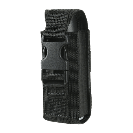 M-Tac Gasdåseholder Vertikal in black with strong Woojin lock, suitable for MOLLE systems for easy access and secure mounting.