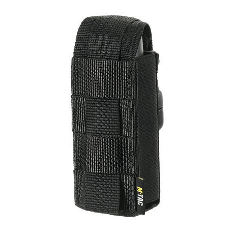 M-Tac Gasdåseholder Vertikal made from MIL-SPEC strap with Woojin lock, shown in black. Practical for MOLLE system mounting.