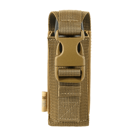 M-Tac Gasdåseholder Vertikal in tan with Woojin lock and MOLLE system, made from durable MIL-SPEC strap for secure and easy handling of gas canister.