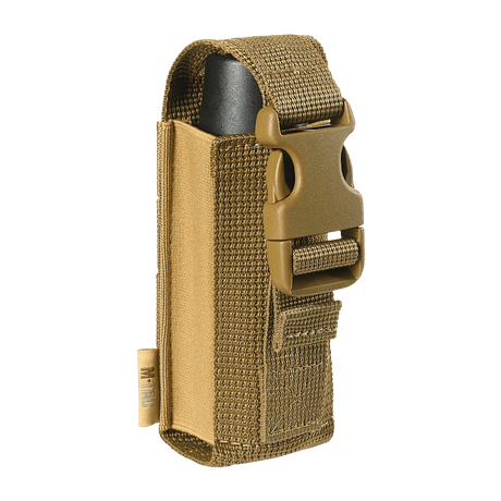 M-Tac Gasdåseholder Vertikal in brown with Woojin lock for secure mounting, made from MIL-SPEC strap and elastic band, side view.