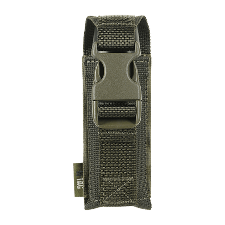 M-Tac Vertical gas canister holder with Woojin buckle and MIL-SPEC straps, ideal for MOLLE system, adds security and easy access to gear.