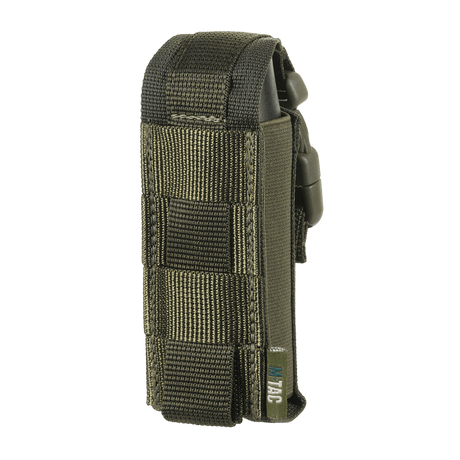 M-Tac Vertical gas canister holder with MIL-SPEC strap and Woojin buckle for secure adjustment, mountable on belt via MOLLE system.
