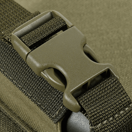 Close-up of Woojin buckle on M-Tac Vertical gas canister holder with MIL-SPEC strap.