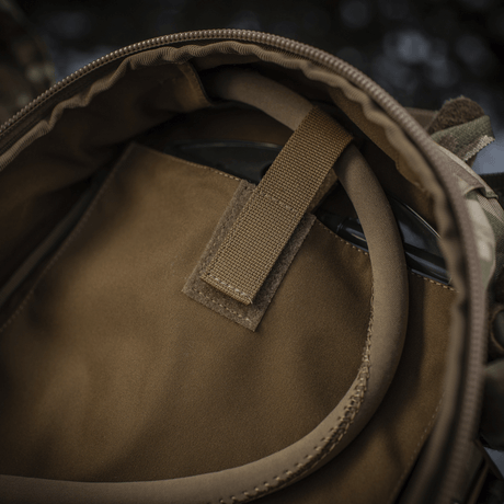 Interior of M-Tac Sturm Elite Gen.II backpack with hydration system and hose port.