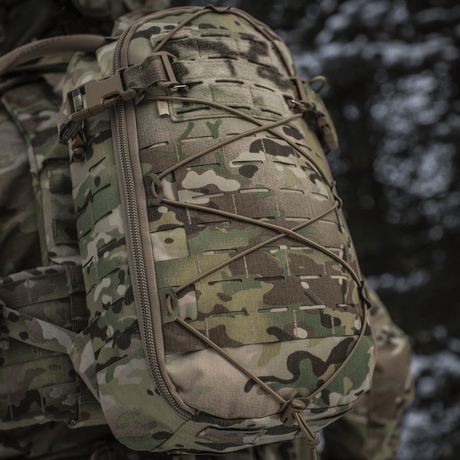 M-Tac Sturm Elite Gen.II in camouflage with MOLLE Laser Cut system, Cordura fabric for field trips, viewed from outside.
