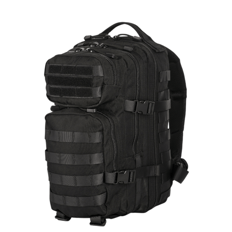 Black M-Tac Assault Pack with MOLLE system, two large main compartments, front pockets and adjustable shoulder straps.