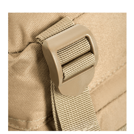 Close-up of M-Tac Assault Pack square plastic buckle and strap in light brown, robust design and quality stitching