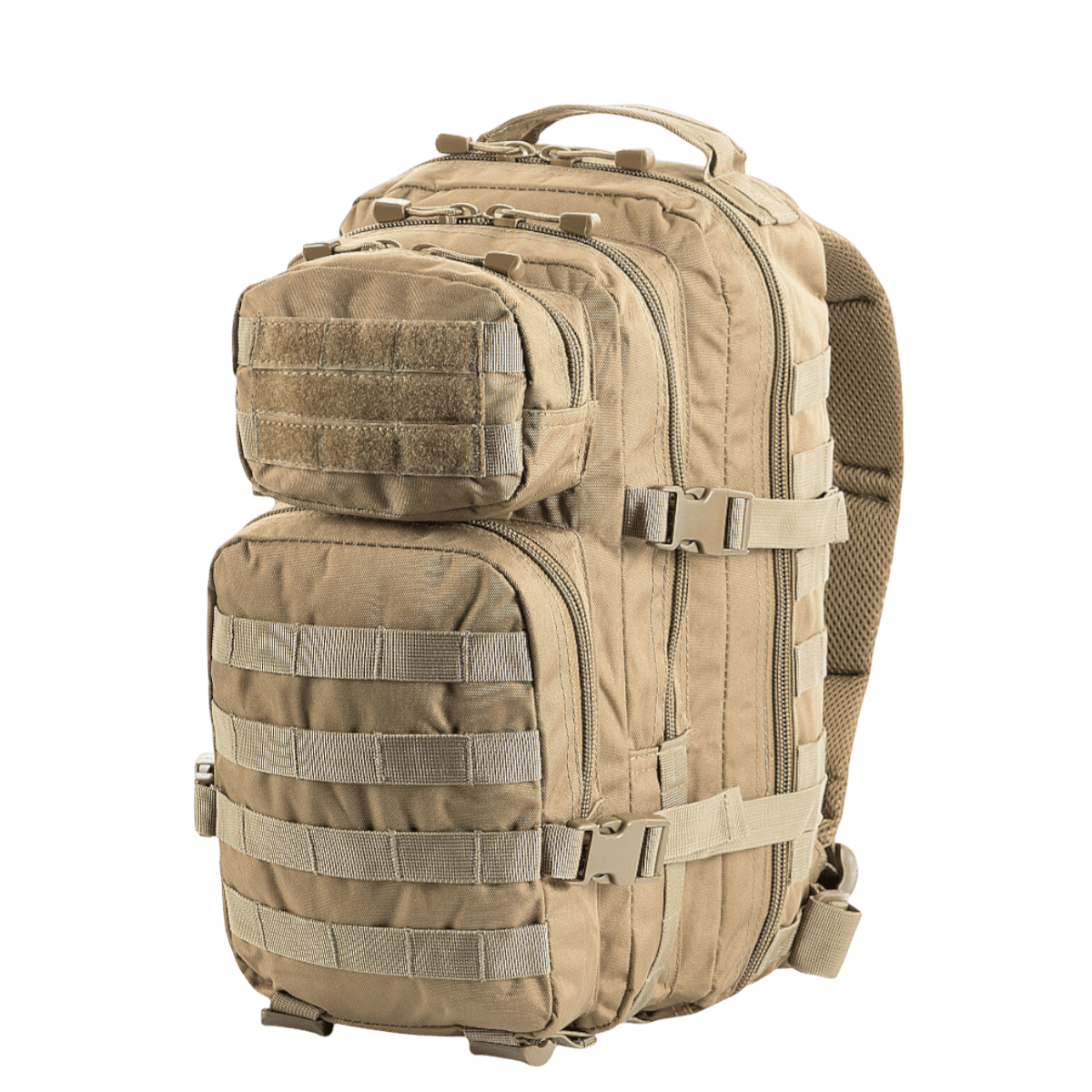 M-Tac Assault Pack rygsæk med MOLLE-system, ideel til bybrug eller kortere vandreture. Komfortable bløde skulderstropper, 20 L kapacitet.