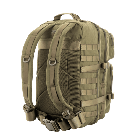 M-Tac Assault Pack with MOLLE attachment system and two main compartments, seen from the back—ideal for city walking or short trips.