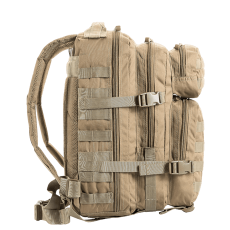 M-Tac Assault Pack with MOLLE system, brown, side view with adjustable padded shoulder straps, suitable for city and hiking