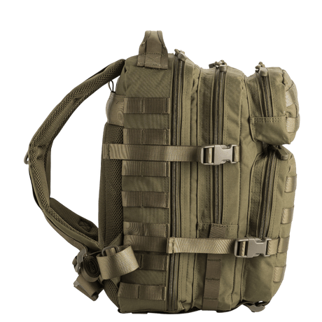 M-Tac Assault Pack in olive green with MOLLE system and zippers, suitable as a city backpack or for short hikes