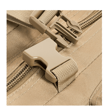 Closure of M-Tac Assault Pack with MOLLE system in detail, showing zipper and buckle on the city backpack