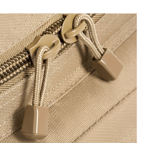 Close-up of zippers on M-Tac Assault Pack with durable materials and MOLLE system, suitable for city use or short hikes. Dimensions: 42x20x25 cm