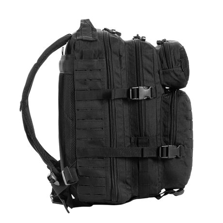 M-Tac Assault Pack Laser Cut backpack, black, robust polyester with MOLLE system, side view with adjustable straps and zip pockets.