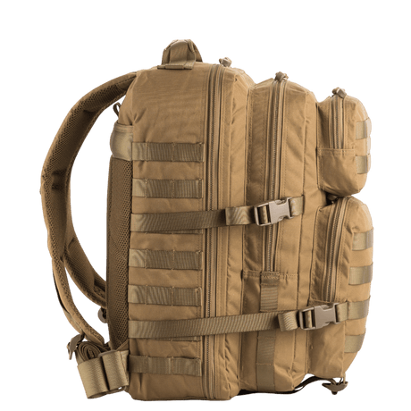 M-Tac Large Assault Pack Backpack in beige with MOLLE system and multiple zippered pockets, suitable for city use and short hikes