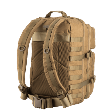 M-Tac Large Assault Pack Backpack in beige with padded shoulder straps and MOLLE system, suitable for city use and short hikes