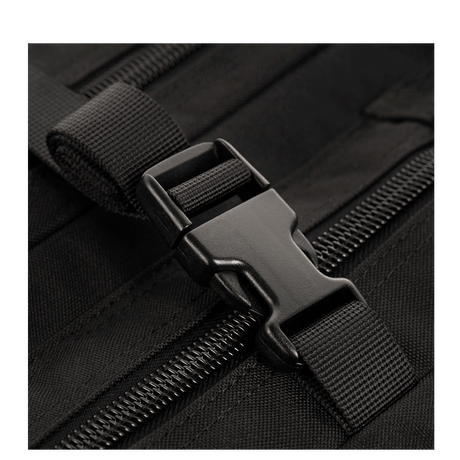 Closure detail on M-Tac Large Assault Pack backpack with zipper and adjustable strap in black material