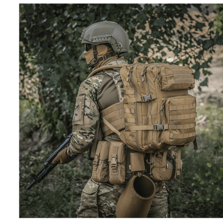M-Tac Large Assault Pack Backpack with MOLLE system, worn by a person in camouflage uniform under trees