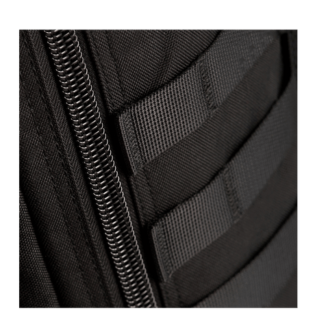 Detail of M-Tac Large Assault Pack backpack with zipper and MOLLE system in black fabric