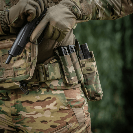 M-Tac Double Magazine Pouch APS Laser Cut in use on tactical vest for quick access to magazines, made of robust Cordura material with MOLLE.