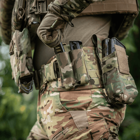 M-Tac Double Magazine Pouch APS Laser Cut on soldier wearing camouflage uniform, showing usability and durability in the field.