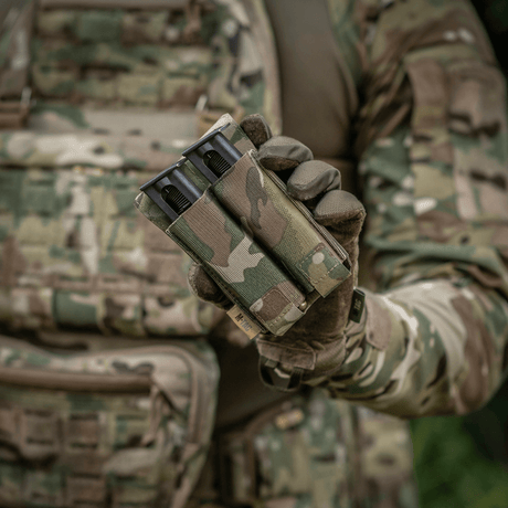 M-Tac Double Magazine Pouch APS Laser Cut for field use and quick reloading in military environment, mounted on MOLLE gear.