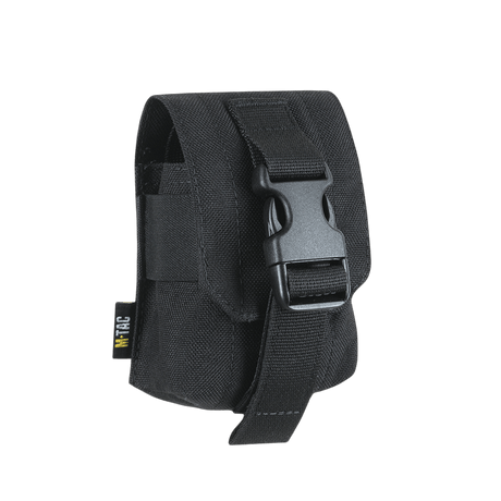 M-Tac Fragmentation Grenade Laser Cut pouch in black durable nylon with safety buckle, gallery position 1, for storage of grenade or similar equipment.