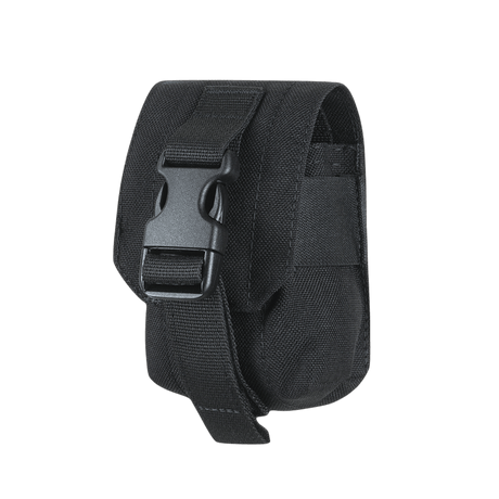 M-Tac Fragmentation Grenade Laser Cut pouch in black nylon with safety buckle, gallery position 1, for storage of grenade or similar equipment.