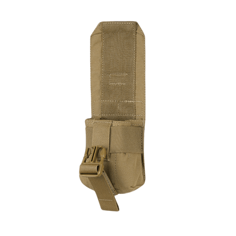 M-Tac Fragmentation Grenade Laser Cut pouch in camel brown nylon with locking buckle, gallery position 1, for secure storage of grenade or similar equipment.
