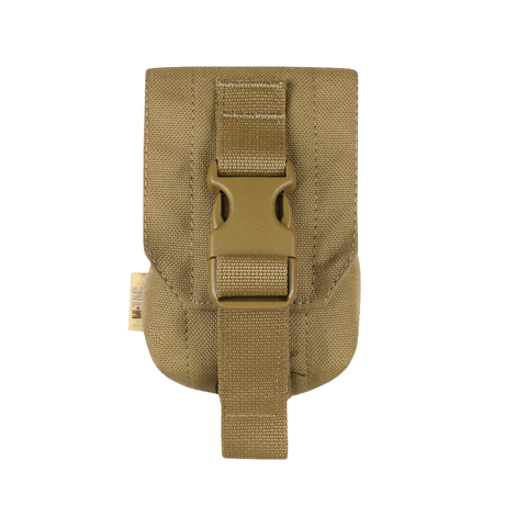 M-Tac Fragmentation Grenade Laser Cut pouch in camel brown nylon with buckle, gallery position 1, for storage of grenade or tactical equipment.