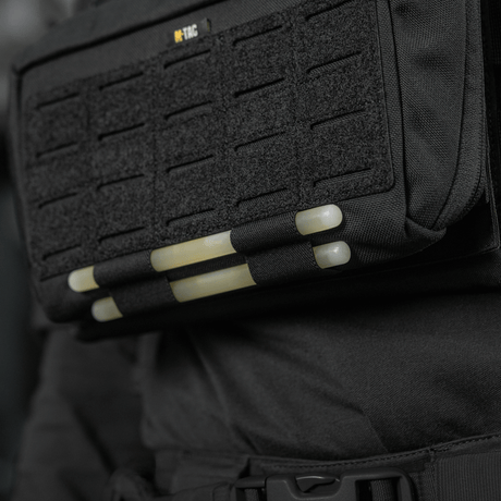 Detail of M-Tac Admin Pouch Large Elite mounted on a backpack, made from durable Cordura 500D, with laser-cut velcro panel.