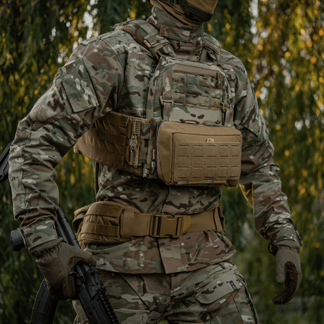 M-Tac Admin Pouch Large Elite mounted on a tactical vest in a woodland area.