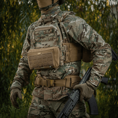 M-Tac Admin Pouch Large Elite in camouflage design, suitable for tactical gear including documents, keys, and a flashlight.