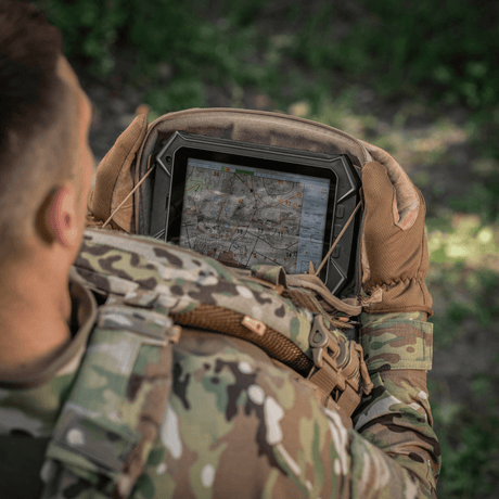 M-Tac Admin Pouch Large Elite used by tactical operator to store a tablet with map display.