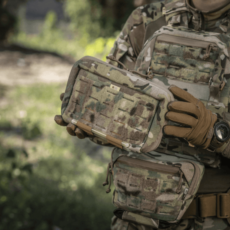 M-Tac Admin Pouch Large Elite held by person in camouflage gear, showing durable and functional design with velcro panels for tactical use.