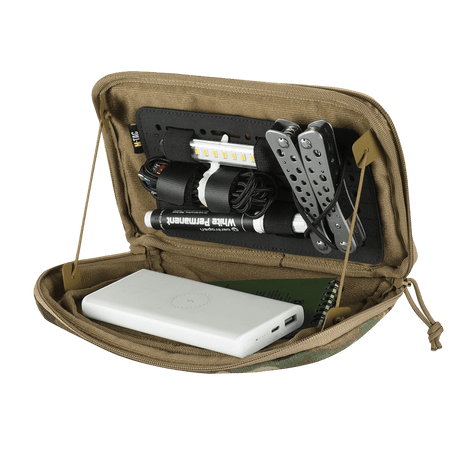M-Tac Admin Pouch Large Elite open with tactical gear like flashlight, tools and powerbank, made from durable Cordura 500D.