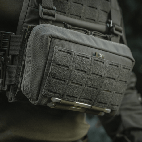 M-Tac Admin Pouch Large Elite pouch in Cordura 500D, mounted on tactical vest, with laser-cut velcro panel for patches.