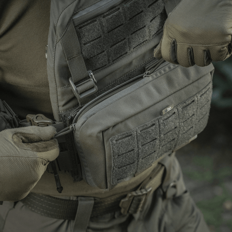 M-Tac Admin Pouch Large Elite in use with tactical gear, made from durable Cordura 500D, with velcro panel and storage options.