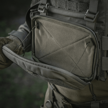 M-Tac Admin Pouch Large Elite mounted on a tactical vest, showing open and spacious design for gear storage.
